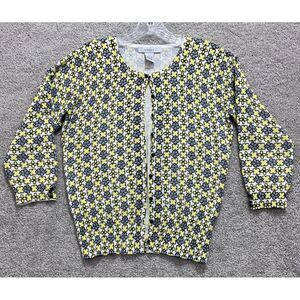 Grace Sweater Women's‎ L Cardigan Gray Yellow Geometric Flowers Stretch Buttons